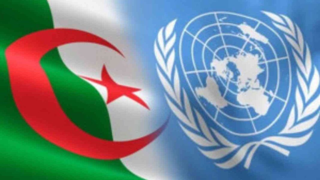 Conseil de sécurité de l’ONU : L’Algérie appelle à l’indemnisation de l’Afrique Drapeau de l'Algérie et logo des Nations Unies côte à côte.