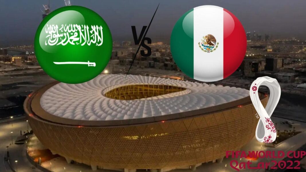 Match Arabie Saoudite vs Mexique 2022 Stade de la Coupe du Monde 2022 avec drapeaux de l'Arabie Saoudite et du Mexique.