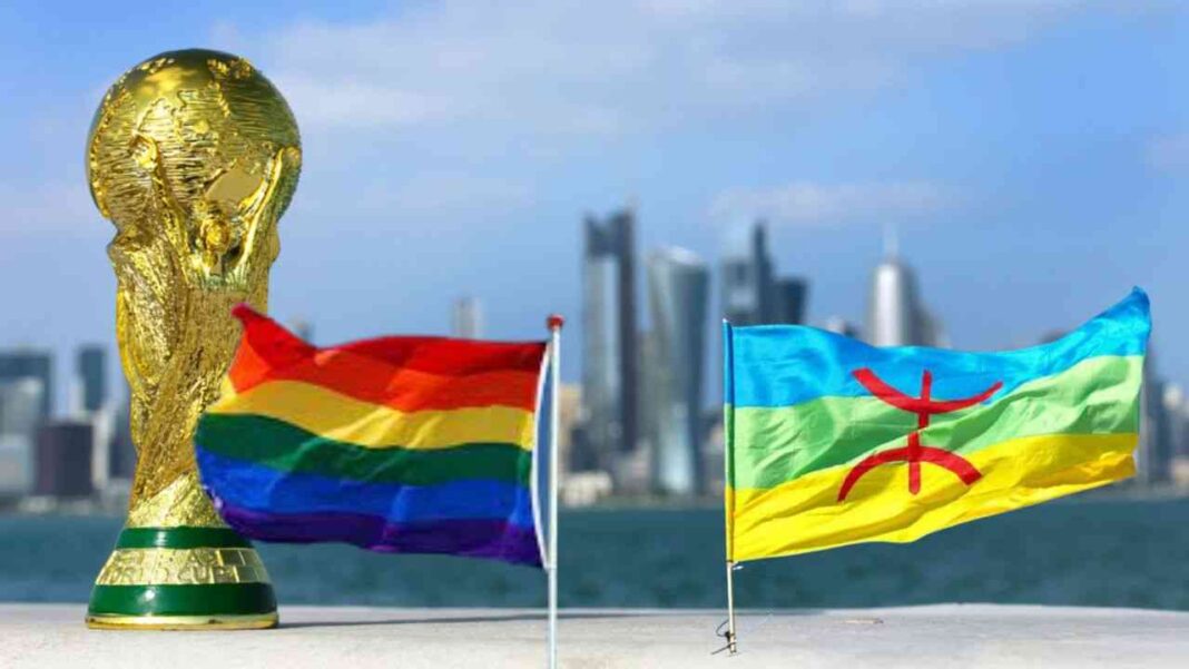Mondial 2022 : le drapeau berbère pris pour le symbole LGBT Drapeaux berbère et LGBT lors de la Coupe du Monde 2022.