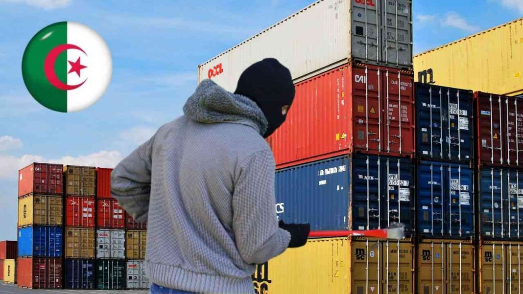 Conteneurs au port d'Oran Agent de police inspectant des conteneurs au port d'Oran.
