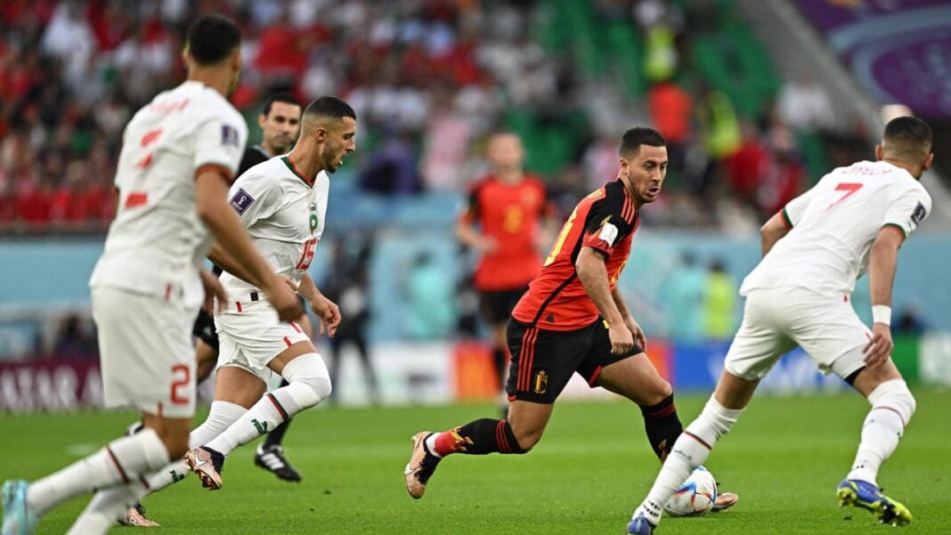 Mondial 2022/Maroc-Belgique: les Diables rouges tombent face aux Lions de l’Atlas Joueurs de football en action lors du match Maroc-Belgique 2022.