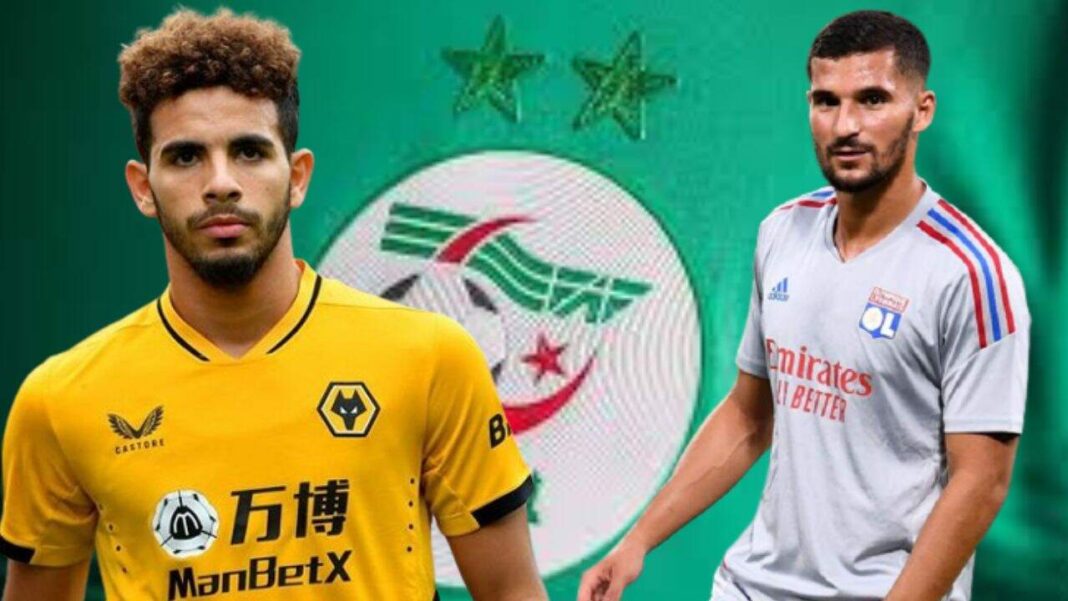 Aouar et Ait-Nouri chez les Fennecs dès Novembre Aouar et Ait-Nouri en tenue de football avec le drapeau algérien en arrière-plan.