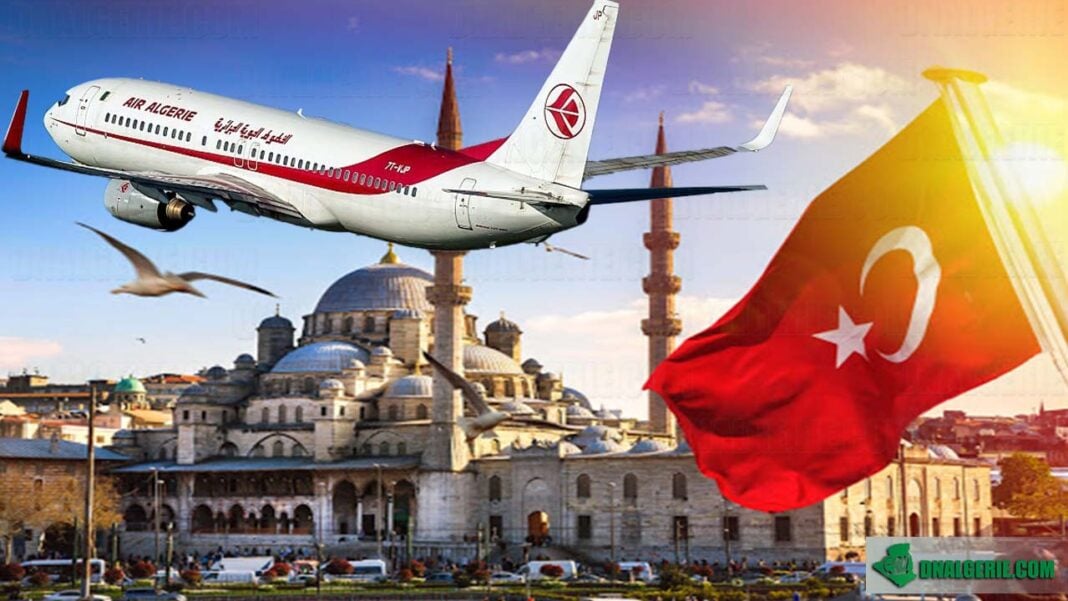 Air Algérie : Augmentation du nombre de vols avec la Turquie Avion d'Air Algérie survolant Istanbul avec drapeau turc en premier plan.