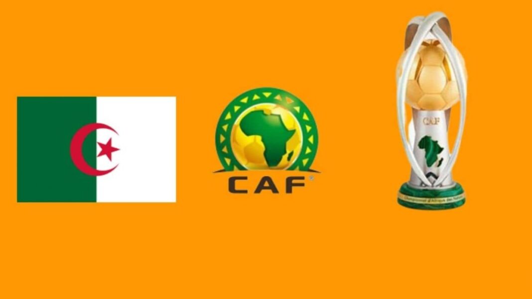 CHAN 2023 : les patrons de la FIFA et de la CAF seront-ils présents à l’ouverture ? Découvrez la réponse Logo de la CAF et trophée de la CAN 2023 sur fond orange.
