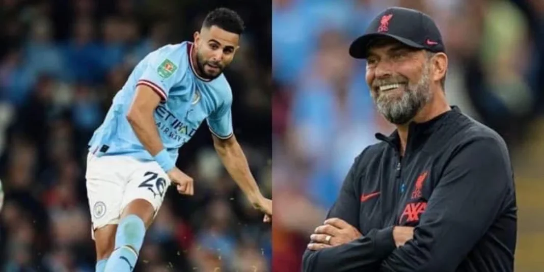 Coupe de la ligue anglaise : l’entraineur de Liverpool admiratif du but de Mahrez Riyad Mahrez et Jürgen Klopp lors d'un match de football.