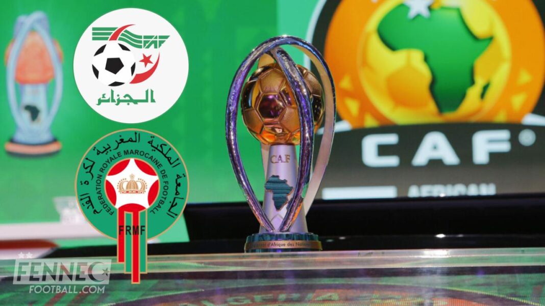 CHAN 2023 : voici la réponse donnée par l’Algérie aux Marocains Trophée de la CAN 2023 avec logos de l'Algérie et du Maroc.