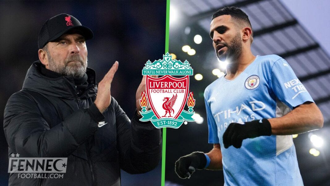 Mahrez défie Liverpool de Mohamed Salah Jürgen Klopp et Mohamed Salah lors d'un match de football.