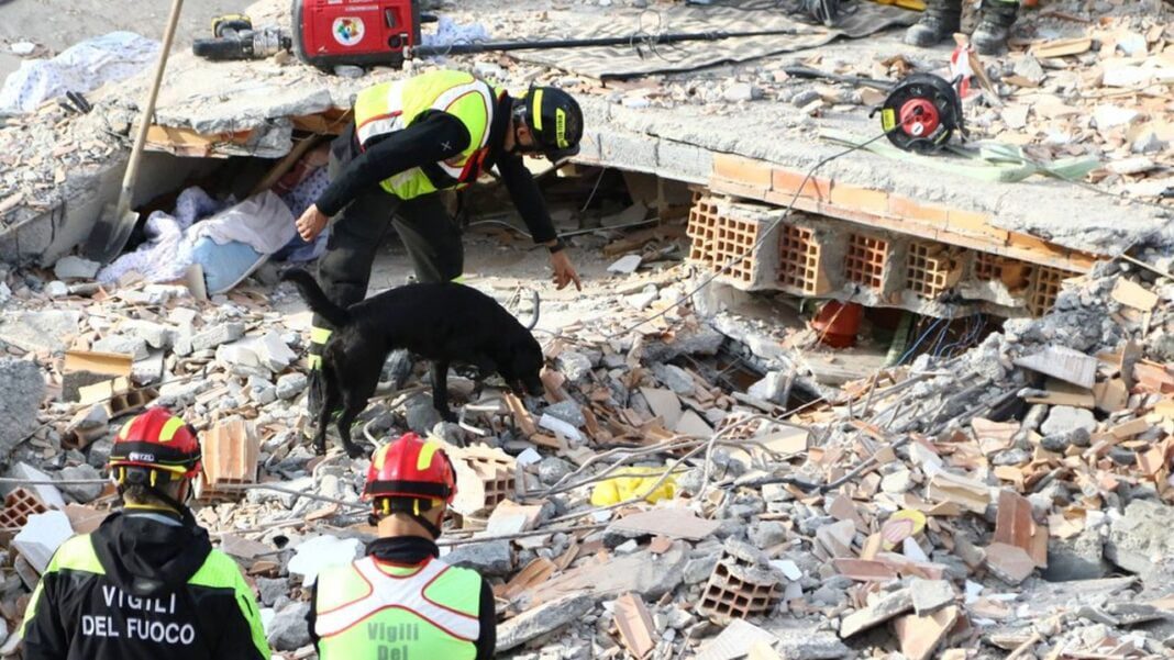 Tremblement de terre à Tipaza : N’eût été l’intervention des pompiers… Pompiers et chien de recherche dans les décombres à Tipaza.