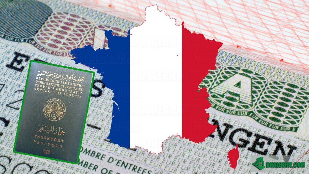 Visa Schengen pour Algériens : De vives indignations dans le rang des non-remboursés Passeport algérien avec drapeau français en arrière-plan.