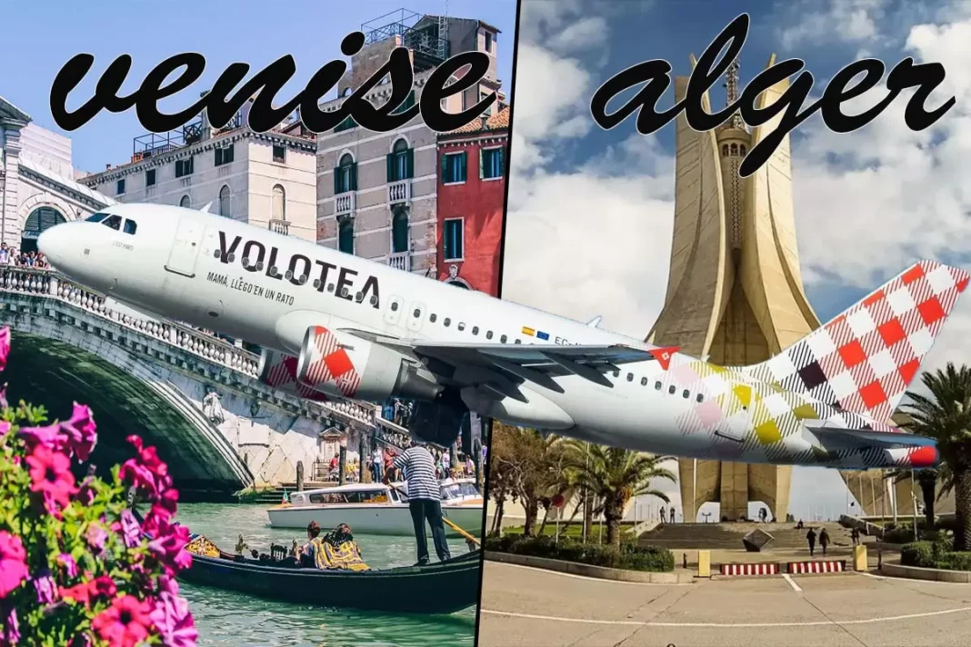 L’énorme promotion de Volotea en cette fin d’année Avion Volotea sur fond de Venise et Alger, destinations populaires.