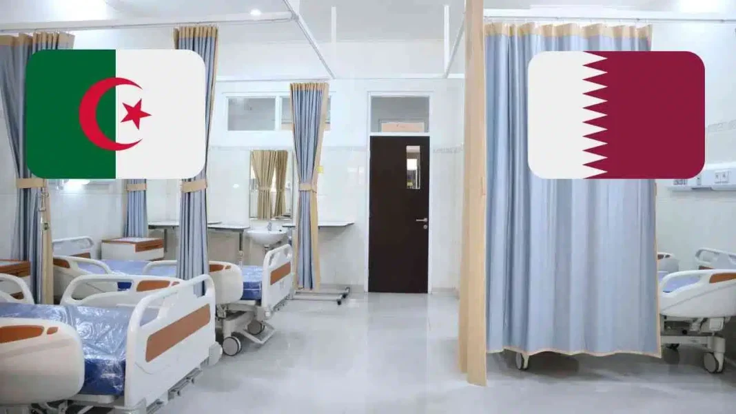 Algérie : des perspectives ambitieuses pour l’hôpital algéro-qatari. Voici les projets en cours. Chambres d'hôpital avec drapeaux d'Algérie et du Qatar.