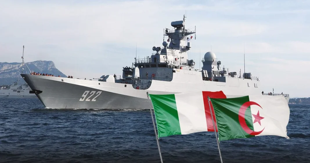 Industrie navale militaire : Probable accord entre l’Algérie et l’Italie Navire de guerre algérien avec drapeaux en mer.