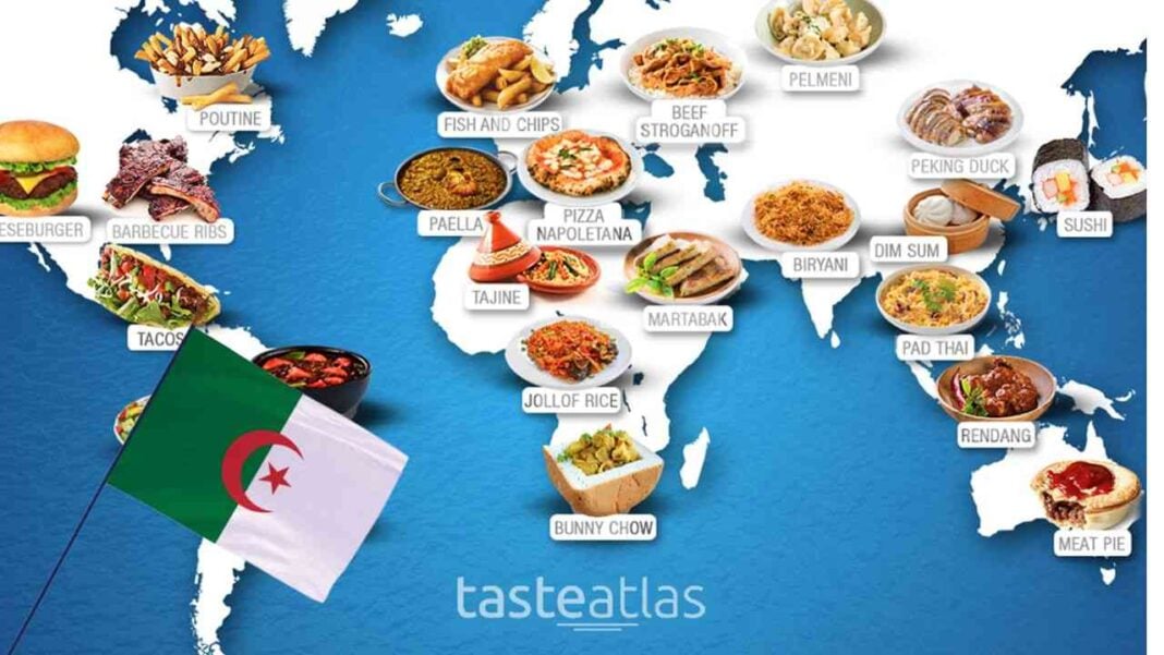 Carte du monde avec plats traditionnels algériens et drapeau algérien.