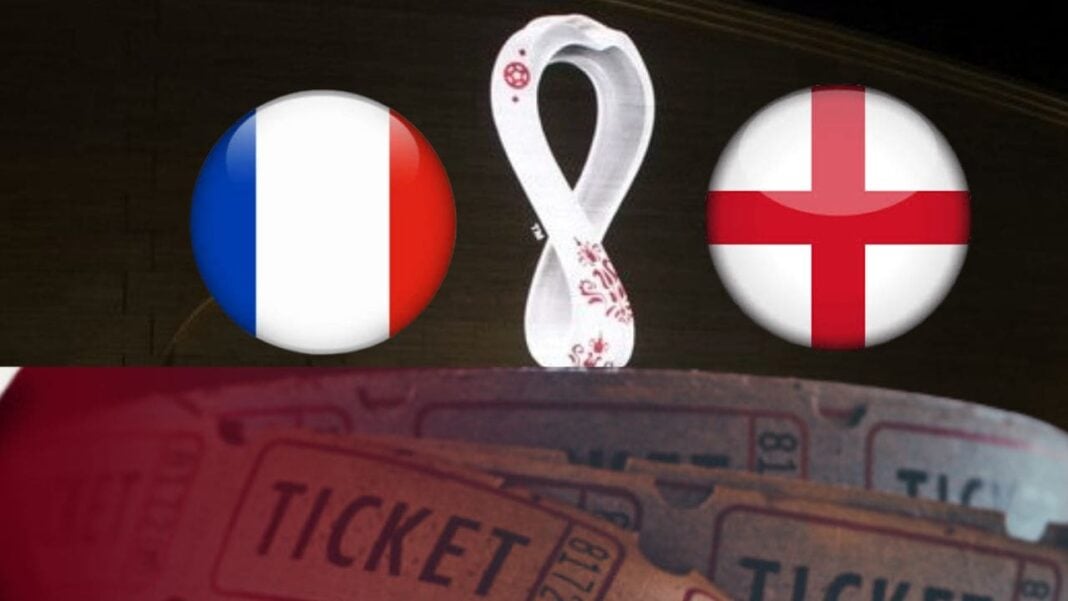 CM Qatar / France – Angleterre : Prix des billets 28 fois plus cher sur le marché noir Drapeaux de la France et de l'Angleterre avec un symbole de la Coupe du Monde.