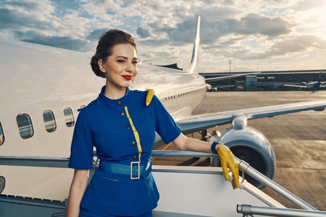 Cet avion change de cap à cause de 2 femmes Hôtesse de l'air en uniforme bleu vérifiant l'avion avant l'embarquement.