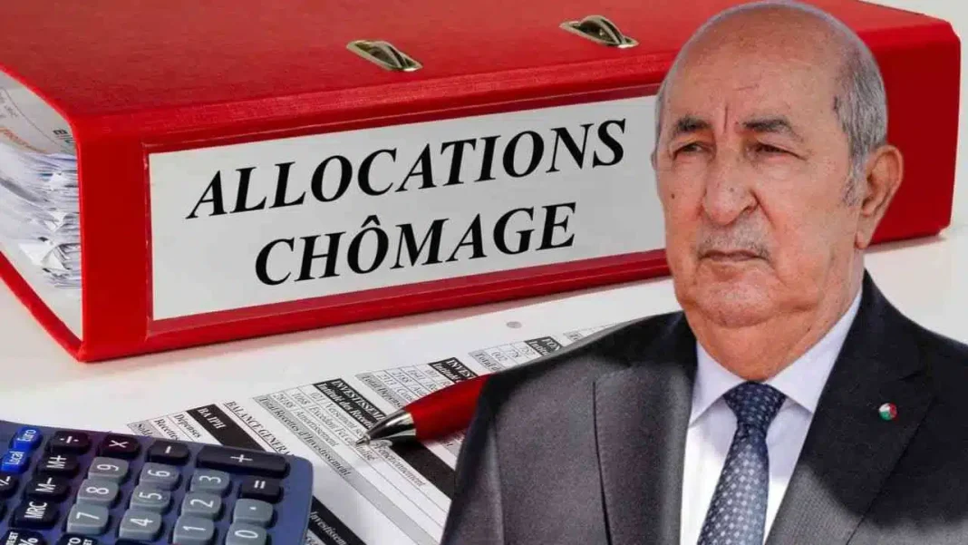 Homme politique avec boîte d'allocations chômage en arrière-plan.