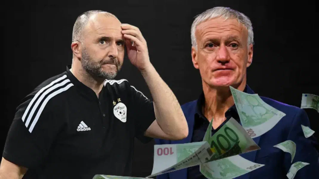 Salaire de Djamel Belmadi. Le « Ministre du Bonheur », mieux payé que le sélectionneur de l’équipe de France Didier Deschamps Djamel Belmadi et Didier Deschamps avec de l'argent en main.