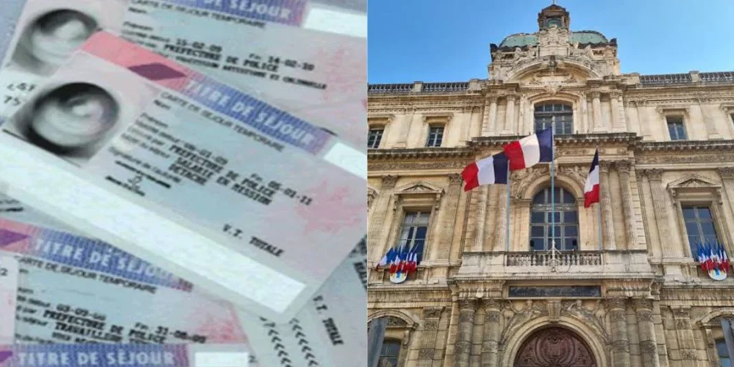 Titre de séjour et bâtiment officiel Billets de train et bâtiment officiel en France.