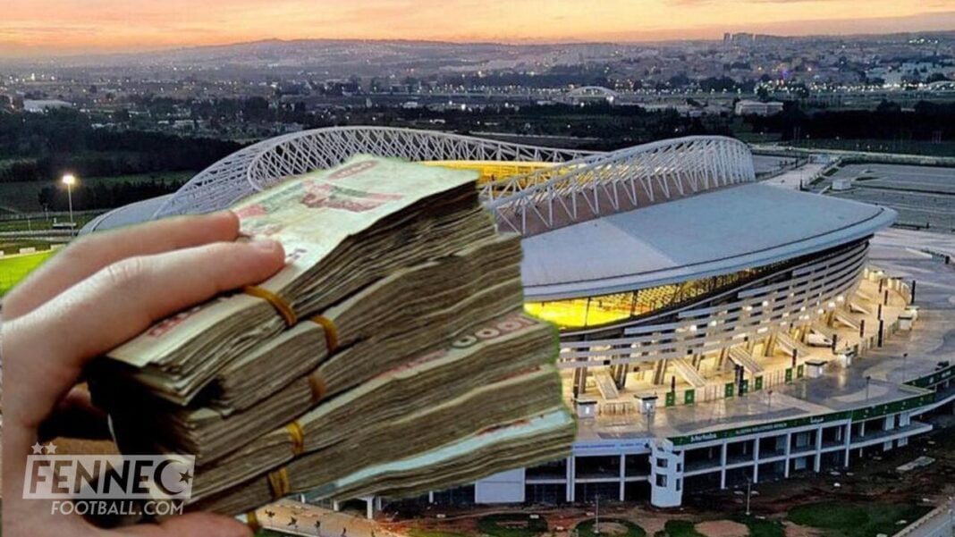Des révélations hallucinantes sur la face cachée du CHAN Algérie Argent en billets devant un stade de football moderne.