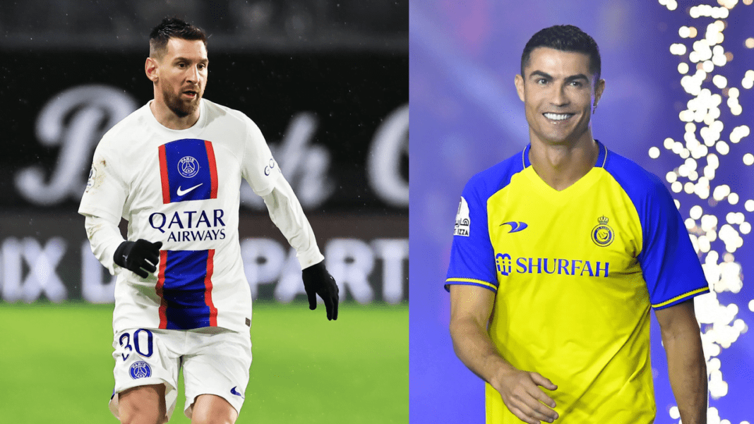 Messi et Ronaldo en duel à Riyad Messi et Ronaldo lors d'un match à Riyad, spectacle sportif exceptionnel.