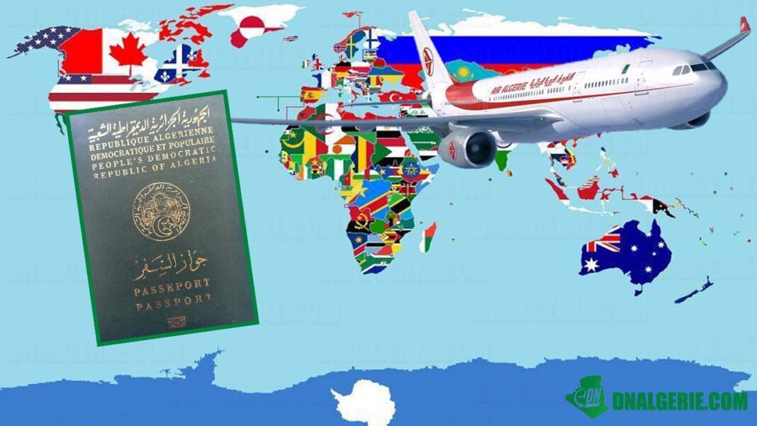 Voyage sans visa pour les Algériens Carte du monde avec avion et passeport algérien, destinations sans visa.
