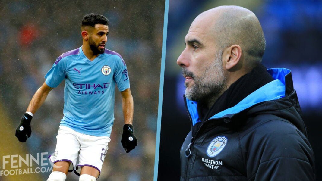 L’étrange réaction de Guardiola suite au Coup franc de Riyad Mahrez Mahrez en action et Guardiola observant sur le banc.
