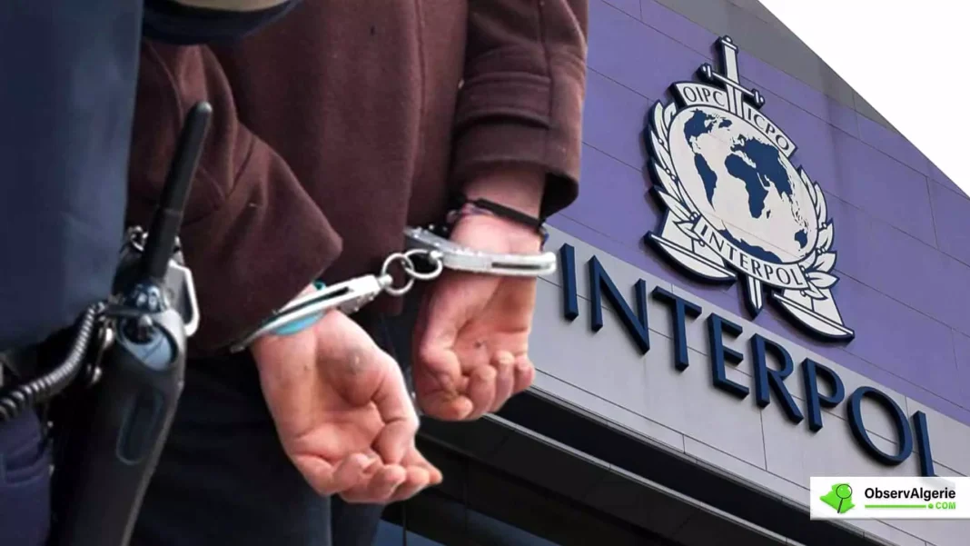 Arrestation à l'INTERPOL Personne en garde à vue devant le logo de l'INTERPOL à Paris.