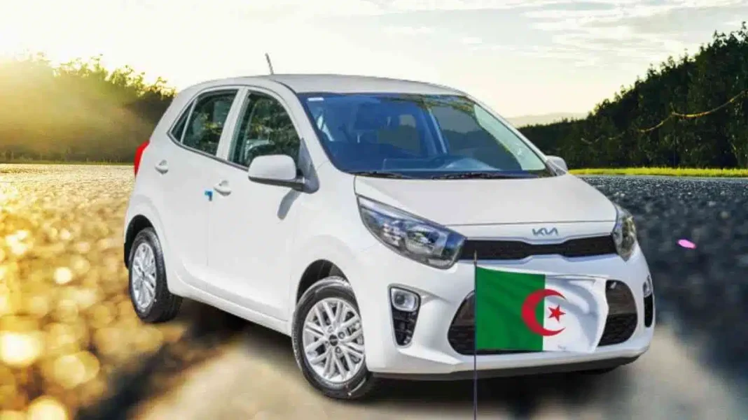 Les voitures KIA made in Algérie font leur grand retour Kia Picanto 2023 blanche avec drapeau algérien en fond.