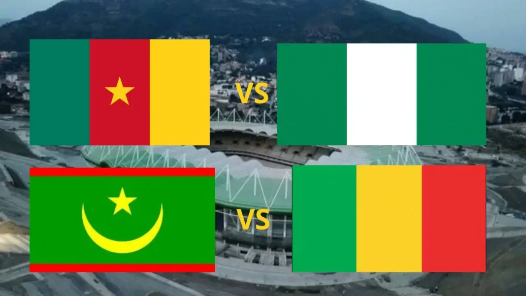 Drapeaux de l'Algérie, du Sénégal, du Mali et de la Belgique pour le match de football.