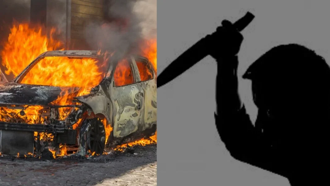 Voiture en flammes à Sétif, scène de violence.
