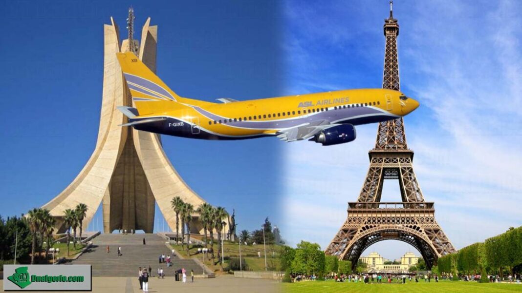 Vols France Algérie : l’énorme réduction d’ASL Airlines Avion jaune d'ASL Airlines survolant Paris avec la Tour Eiffel en arrière-plan.