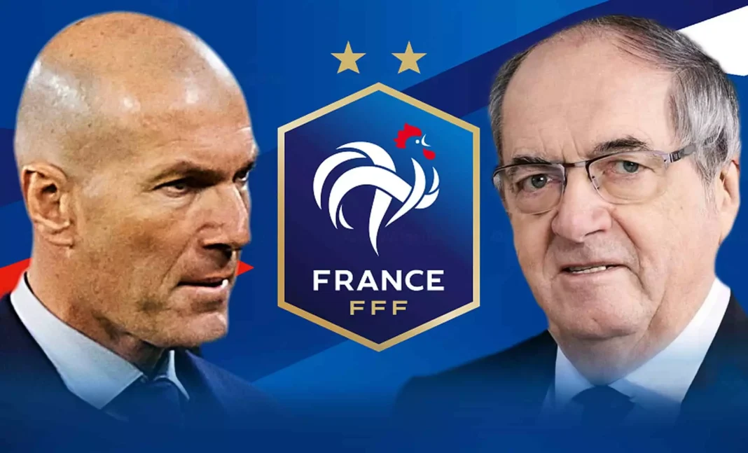 FFF : Noël Le Graët dépose les armes, Zinedine Zidane gagne encore Zinédine Zidane et Noël Le Graët en discussion, logo de la Fédération Française de Football.