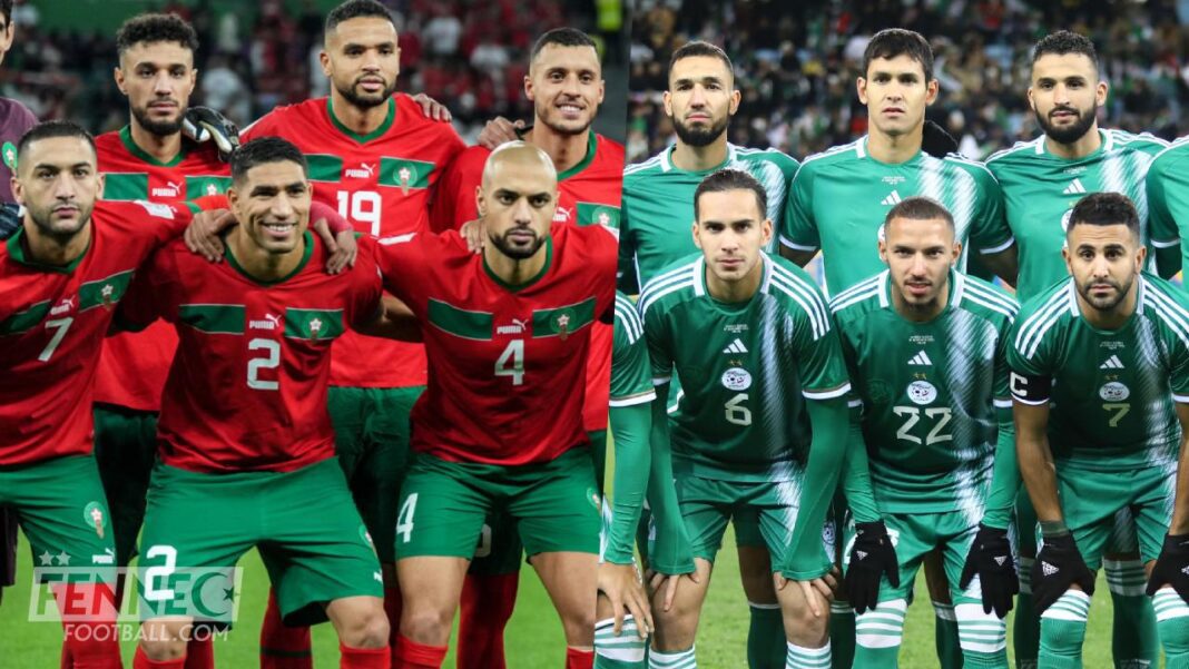 Équipes nationales d'Algérie et du Maroc avant le match.