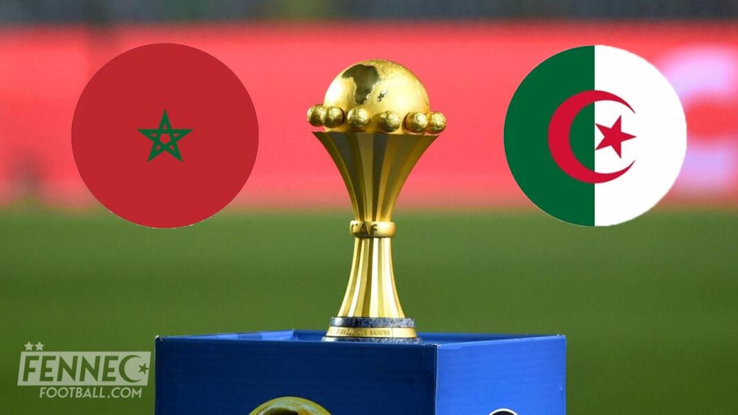 Drapeaux du Maroc et de l'Algérie avec trophée de football.