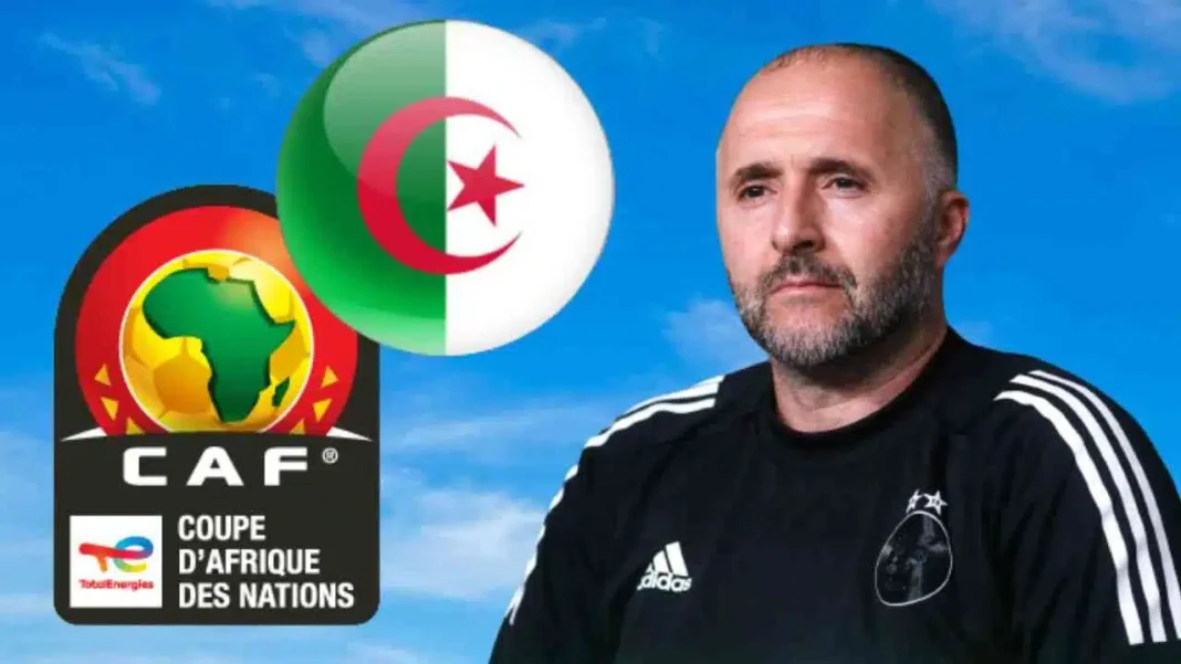 CAN 2025 : L’Algérie , prochaine organisatrice ?Voici la réponse. L'entraîneur algérien avec drapeau et logo de la CAN 2025.