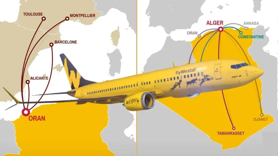 FlyWestaf Algérie : A la découverte de la toute première compagnie privée algérienne. Avion FlyWestaf sur fond de carte de l'Algérie et de l'Europe.