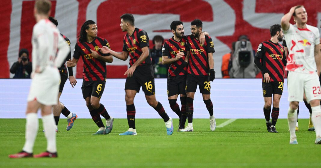 Joueurs de Manchester City lors d'un match contre Leipzig.