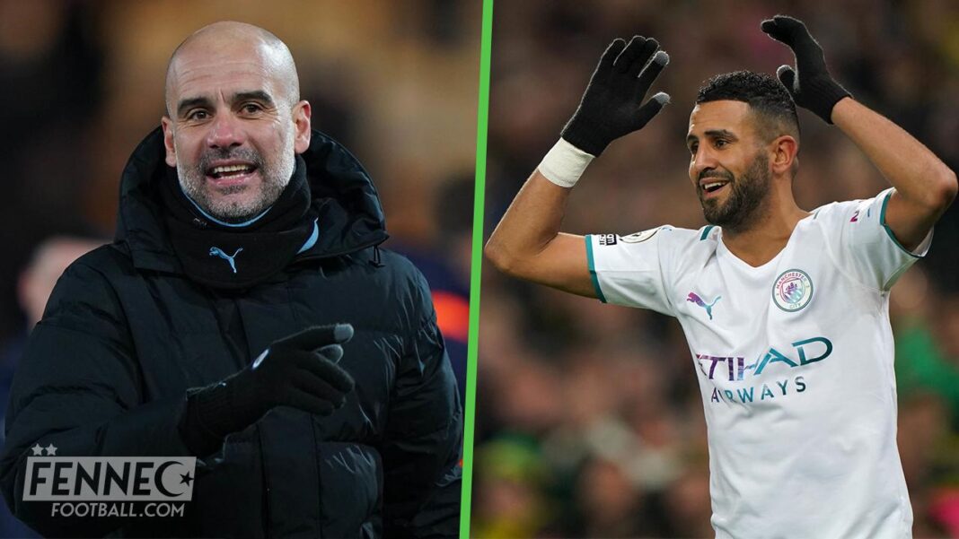 Guardiola et Mahrez lors d'un match de football.