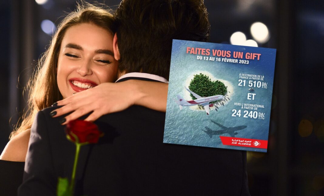 Fête de Saint-Valentin : Air Algérie lance une promotion Homme et femme s'embrassant avec une offre de voyage Air Algérie.