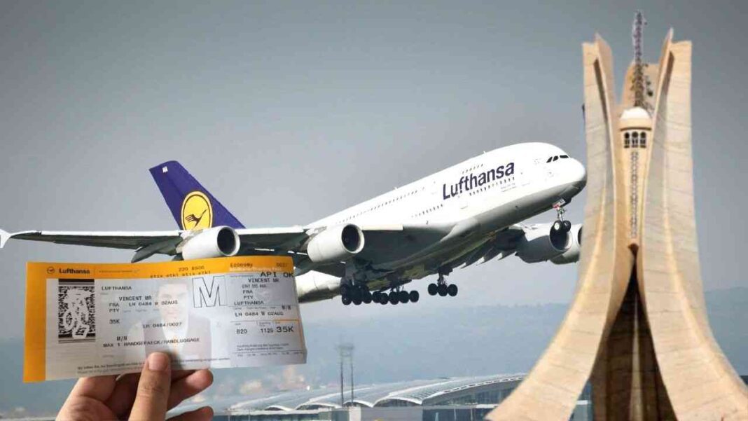 Aéroport d’Alger : Lufthansa propose des tarifs très alléchants pour ses vols Avion Lufthansa en vol vers Alger avec billet d'avion en premier plan.