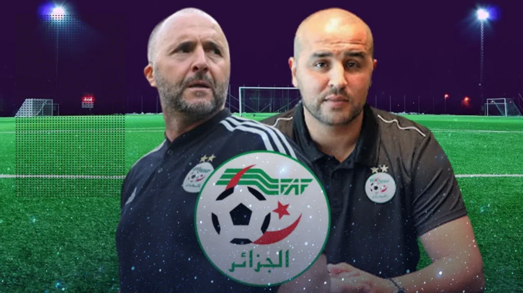 Entraîneurs de football Deux entraîneurs de football sur un terrain, logo de la FAF en premier plan.