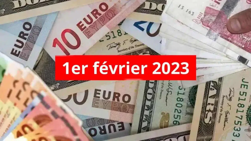 Taux de change du dinar en février 2023 Billets de banque en euros et dinar algérien, taux de change.