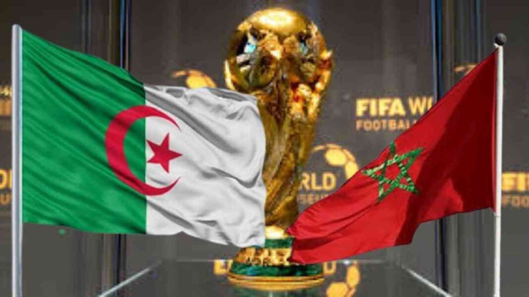 Et si l’Algérie et Le Maroc s’unissaient pour organiser une coupe du monde ? Drapeaux d'Algérie et du Maroc devant la Coupe du Monde de la FIFA.