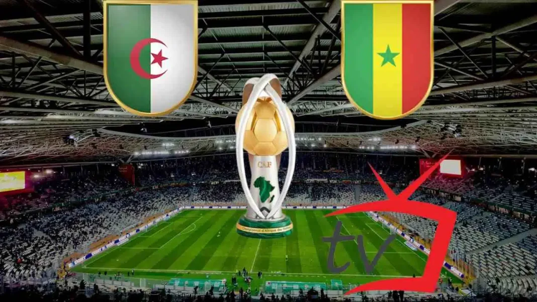 Finale CHAN 2023 Algérie-Sénégal : heure et chaînes pour regarder le match en direct Stade de la finale CHAN 2023 Algérie-Sénégal avec drapeaux nationaux.