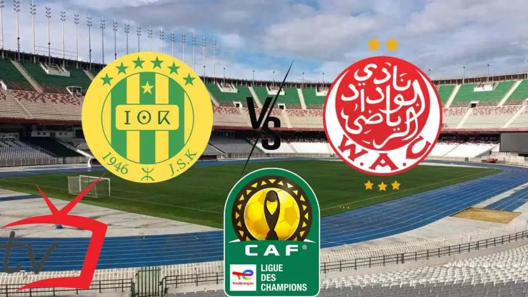 Stade de football avec logos de JS Kabylie et Wydad Casablanca.