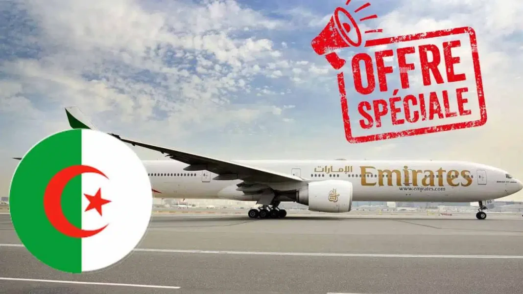Vols Algérie – Dubaï : Découvrez les offres alléchantes de l’Emirates valable jusqu’au 13 février Avion Emirates sur piste avec logo Algérie et offre spéciale.