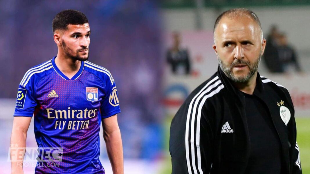 Equipe d’Algérie : découvrez la surprenante demande de Aouar à Djamel Belmadi Aouar demande quelque chose à Belmadi lors d'un match de football.