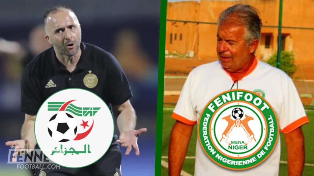 Eliminatoire CAN 2024-Algérie Niger : Jean Michel Cavalli défie Djamel Belmadi Cavalli et Belmadi lors d'une rencontre footballistique.