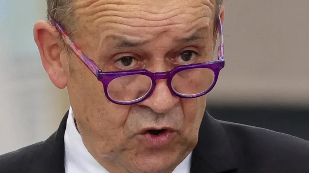 Cheffe de la diplomatie française avec lunettes violettes, expression sérieuse.