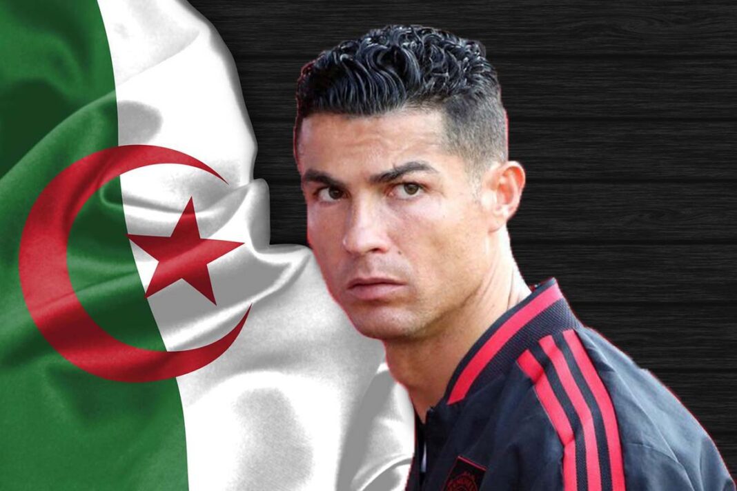« Quel club algérien correspond à Cristiano Ronaldo ? » : les réseaux sociaux s’animent! Cristiano Ronaldo avec un drapeau algérien en arrière-plan.